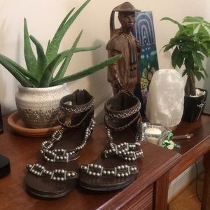 Leather cross cross gladiator sandals w/ beading